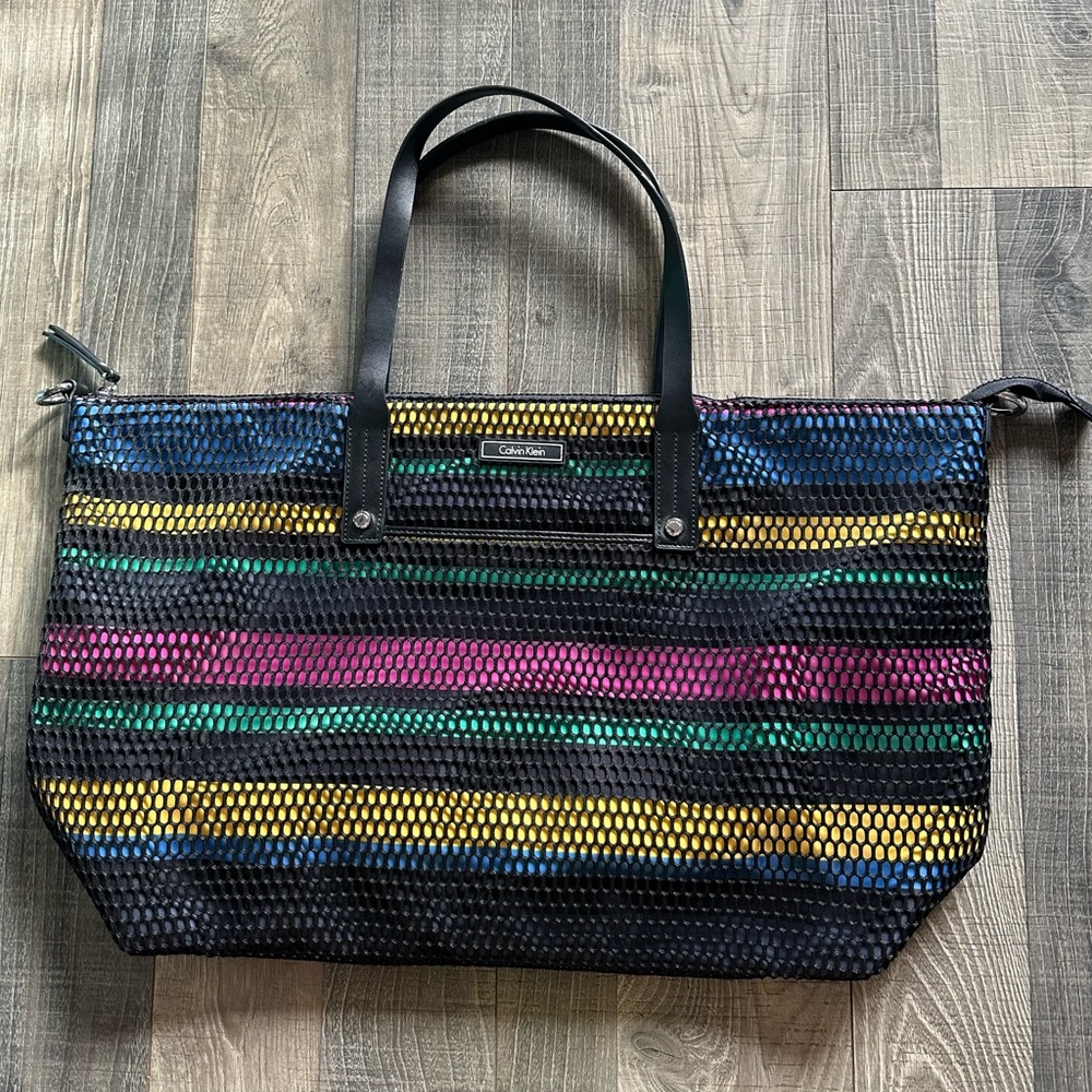 Calvin Klein Multicolor Rainbow Stripe Mesh Overlay Shoulder Bag Tote